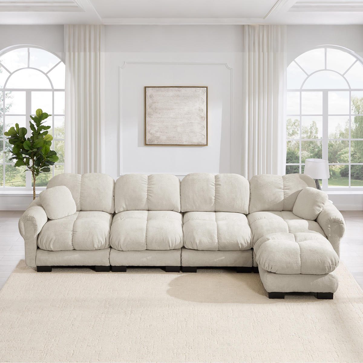 ECKSOFA DE-34384 4-Sitzer mit Steppdesign Hellkhaki - Sandfarben, Textil (149/330cm) - ComfortXL