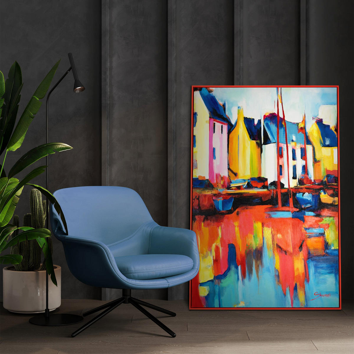 GEMÄLDE Yachten und Hafen Schattenfugenrahmen Rot 140x100 cm - Rot, Holz (140/100cm) - YS-art gallery