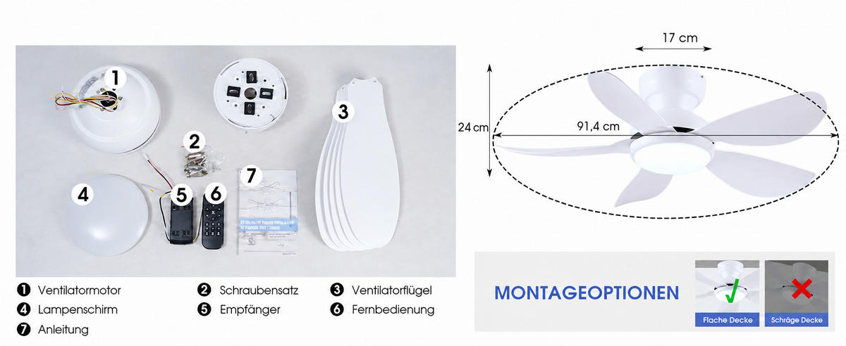 DECKENVENTILATOR Weiß 91,4 cm mit LED und leisem DC-Motor - Weiß, Kunststoff (91.4/91.4/24cm) - Surtime