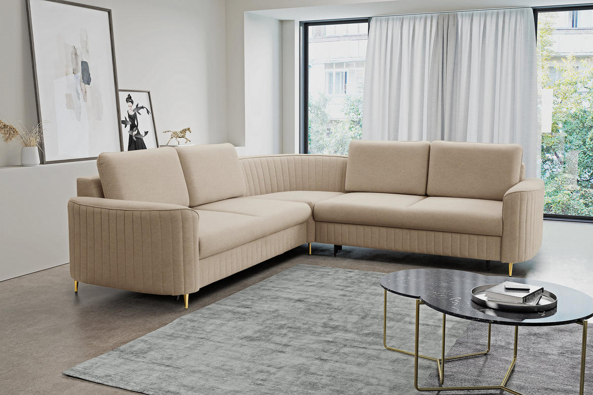 ECKSOFA VELA L-S Beige Velours-Stoff mit Schlaffunktion - Beige, Holz (251/251cm) - MASSENO