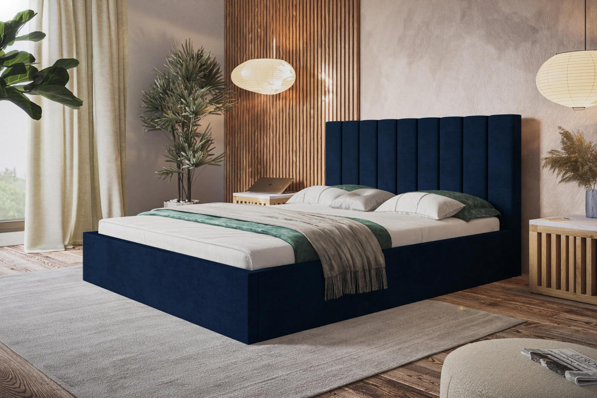 BETT 120x200 - Polsterbett mit Bettkasten und Metallrahmen - Modern Betten - Glatter Kronos-Stoff - Kollektion Sapporo - Blau - Blau, Holz/Textil (120/200cm) - Alpi-Möbel