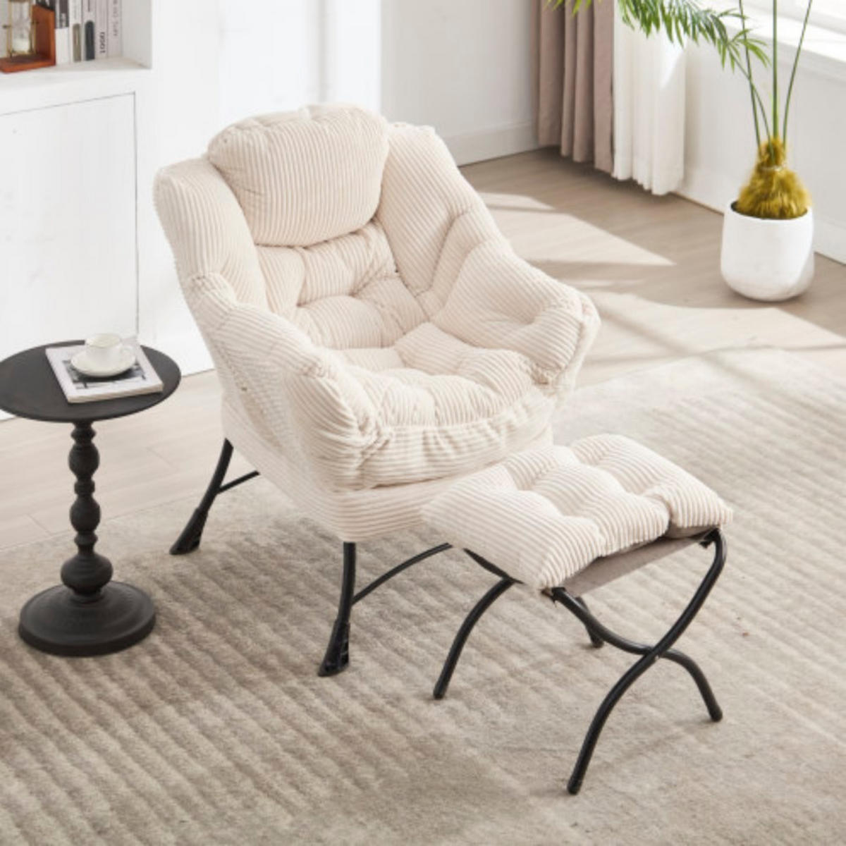 LOUNGESESSEL Relaxsessel mit Hocker,dicke Polsterung,Weiß - Weiß, Metall (70/95/64cm) - LVHOM