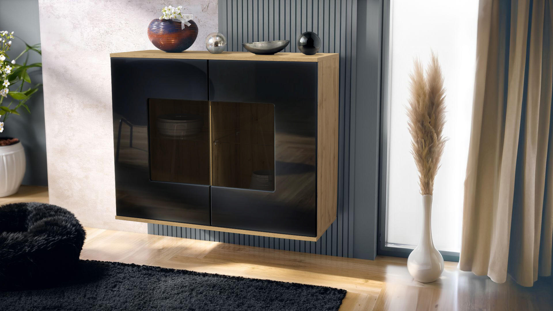 KOMMODE Grömitz Schwarz Hochglanz - Schwarz Hochglanz, Holzwerkstoff (92.5/73.5/35cm) - Vladon