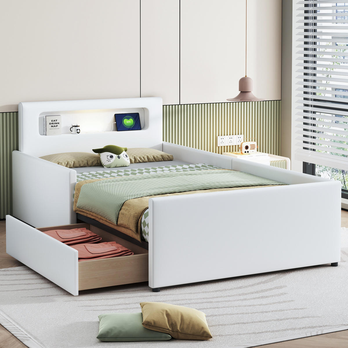 KINDERBETT 90/200 cm aus Kunstleder mit Nachtlicht und USB-Anschluss Weiß - Weiß, Textil (90/200cm) - Modenvie