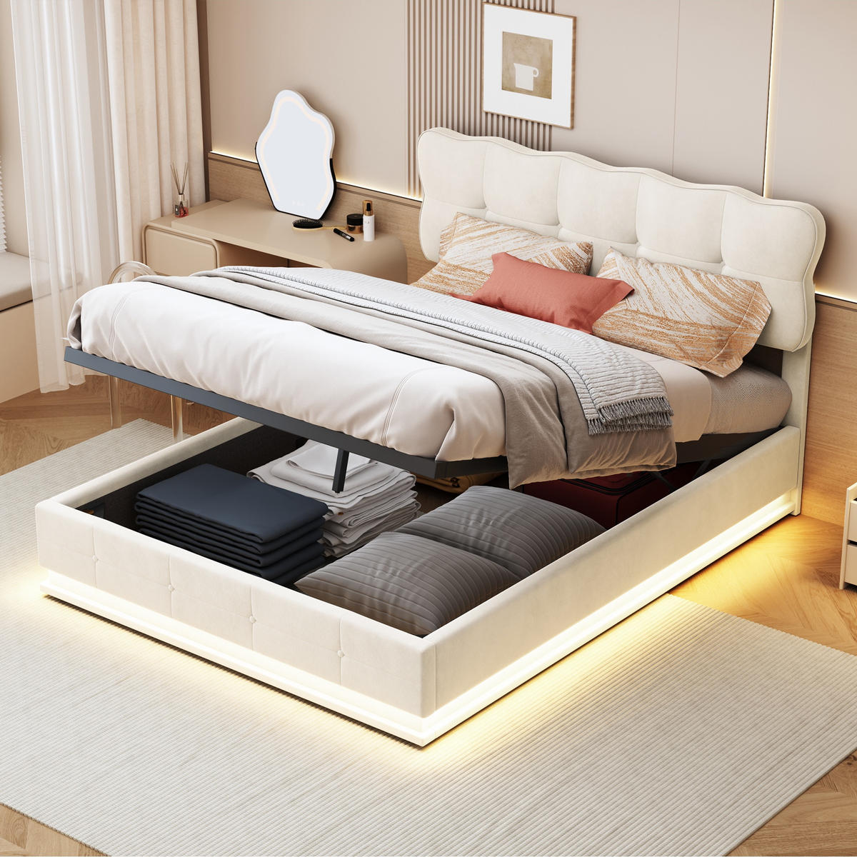 POLSTERBETT 160/200cm, mit LED, hydraulischem Stauraum, Lattenrost, gepolstertem Bett aus Samt, Beige - Beige, Holzwerkstoff (160/200cm) - Brevoria