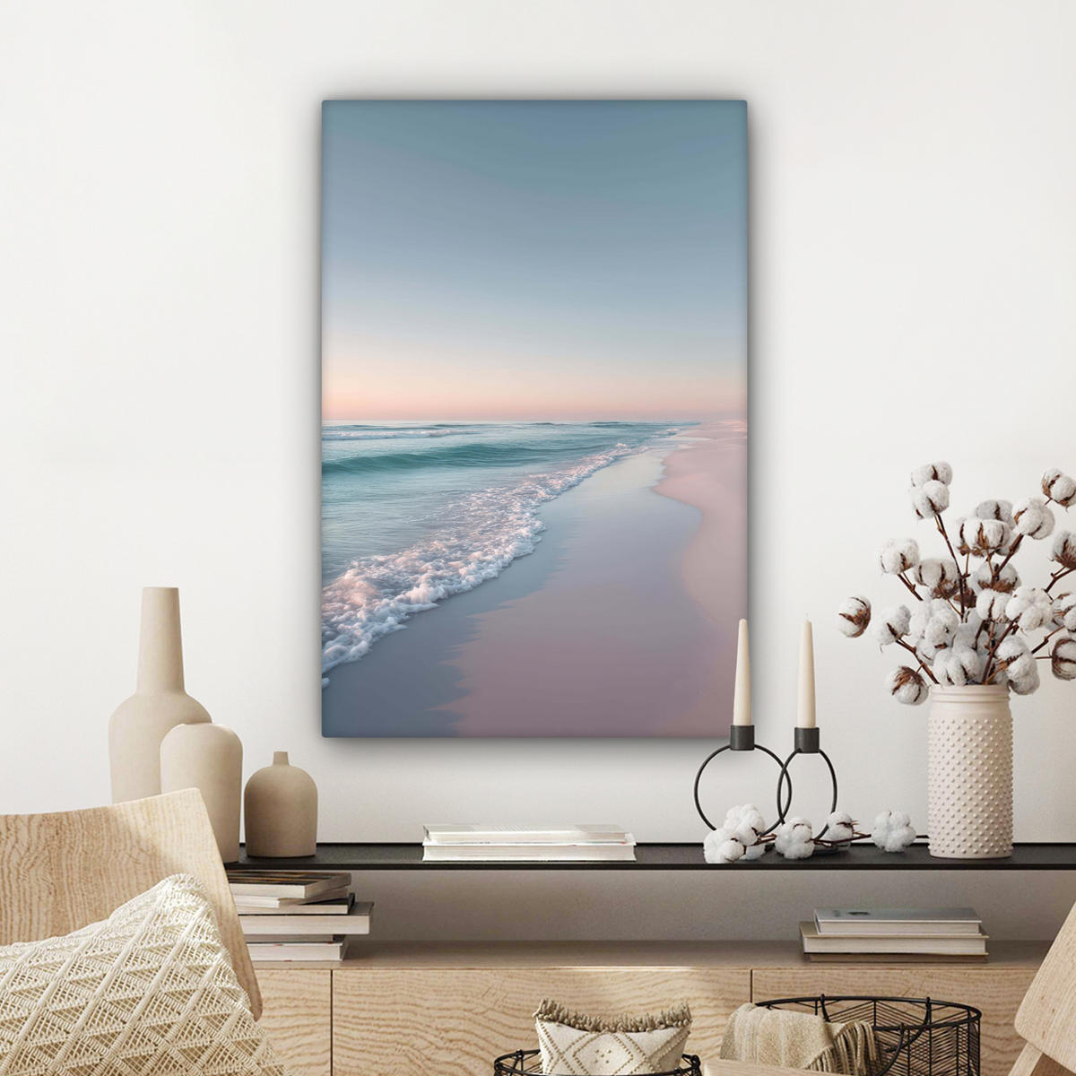 LEINWANDBILD Küstenlinie - Pastell - Wasser Wanddeko Schlafzimmer 60x90 cm - Pastellblau, Textil (60/90cm) - MuchoWow
