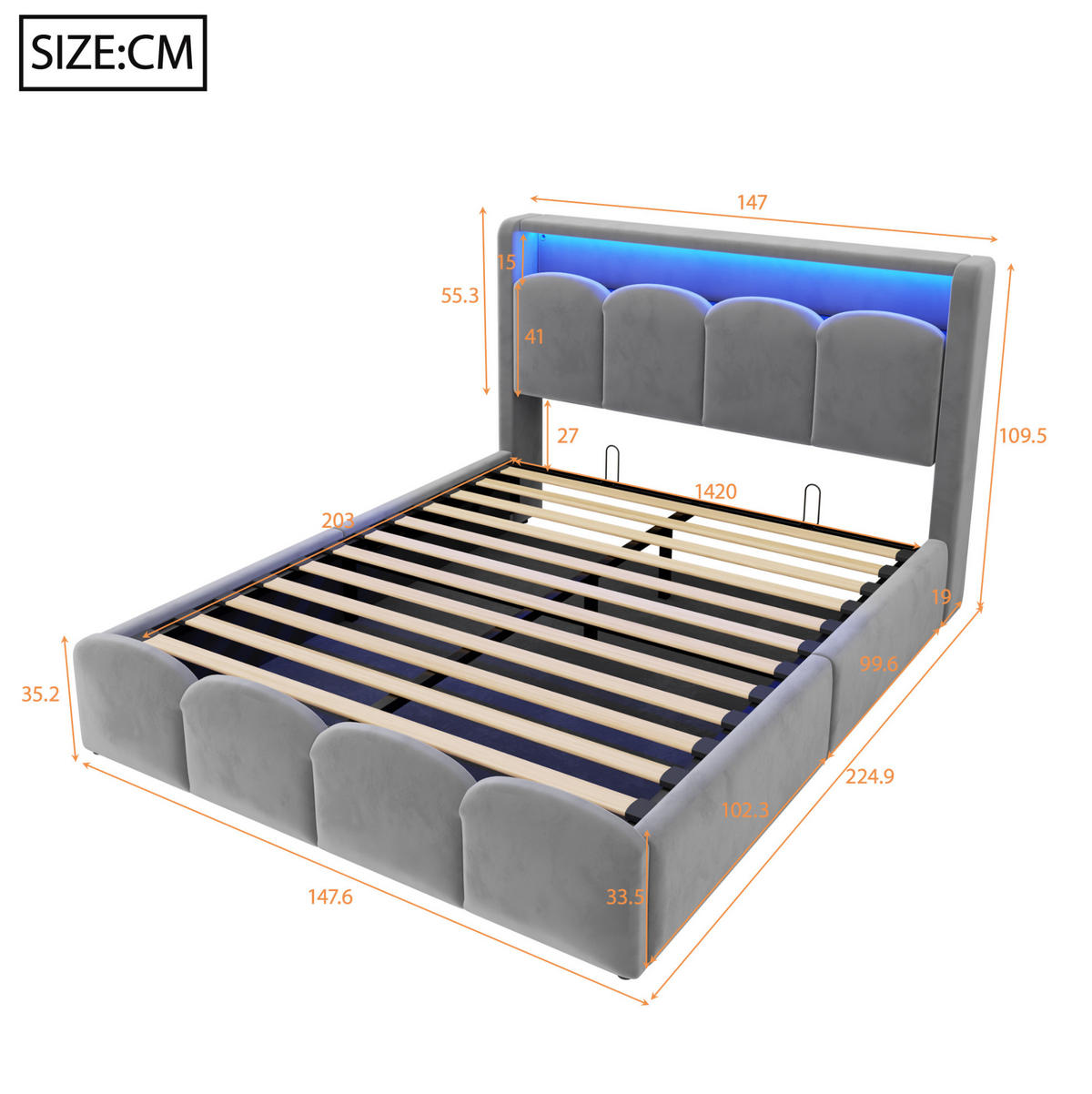 ČALOUNĚNÁ postel 140/200 cm s LED osvětlením, USB a USB-C, hydraulickým úložným prostorem a sametovým potahem, Šedá - šedá, textil (140/200cm) - Redom