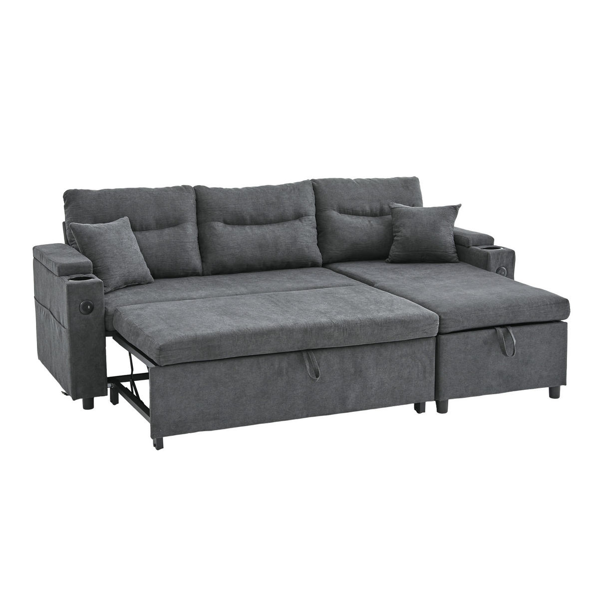 ECKSCHLAFSOFA 3-Sitzer Leinen mit USB-Anschluss und Stauraum Dunkelgrau 212,5/136/86 cm - Dunkelgrau, Textil (136/212.5cm) - Redom