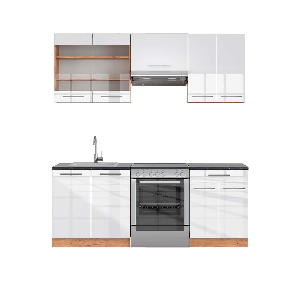 KÜCHENZEILE Fame-Line Weiß Hochglanz/Goldkraft Eiche 200 cm AP Anthrazit - Honigeiche/Weiß Hochglanz, Holzwerkstoff (200/81.6/60cm) - Vicco