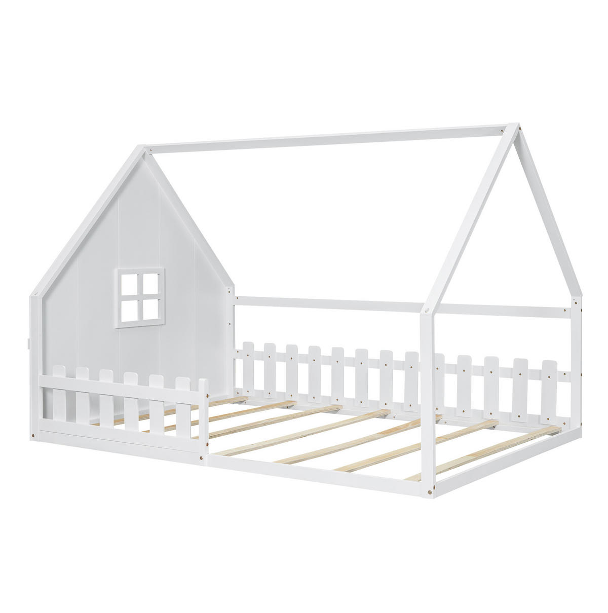 DĚTSKÁ postel 140/200 cm bílá z borovice a MDF ve tvaru domečku se zábranou - bílá, dřevo (140/200cm) - OKWISH