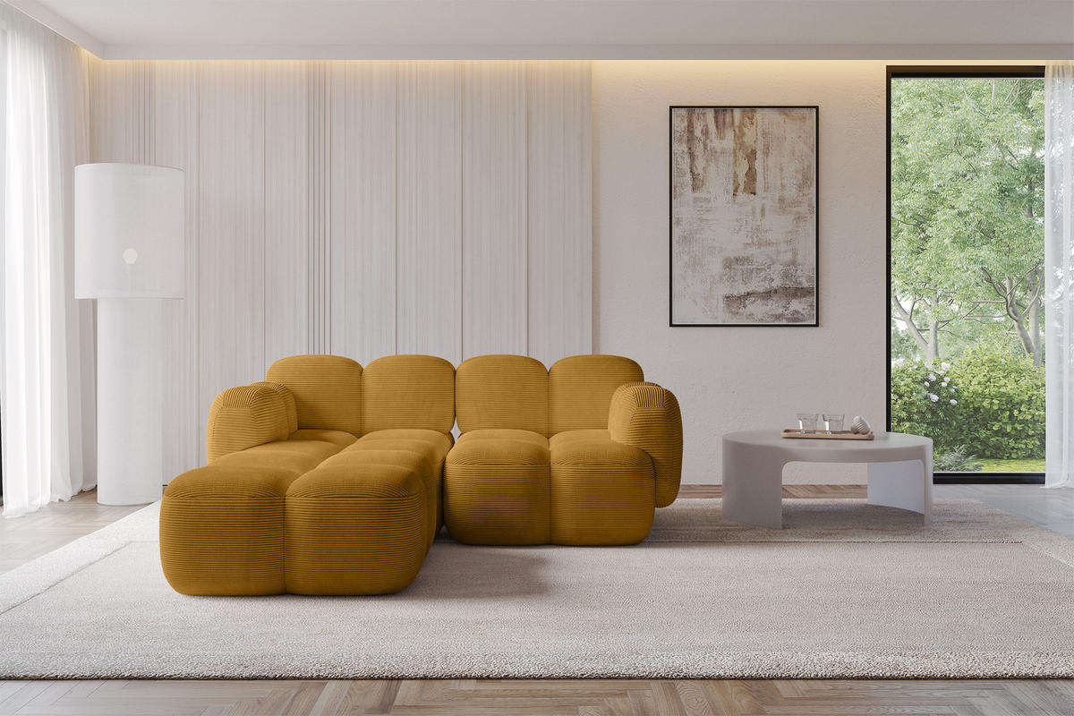 ECKSOFA modulares Sofa Links Miko-L1 214x205x75 Senfgelb Cord - Schwarz/Honig, Holzwerkstoff/Kunststoff (214/205cm) - ALTDECOR