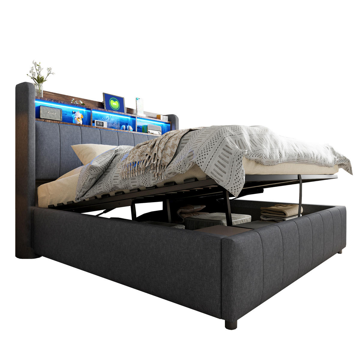 POLSTERBETT 140/200 cm mit Bettkasten, LED-Beleuchtung und USB in Grau - Grau, Textil (140/200cm) - BEAOK
