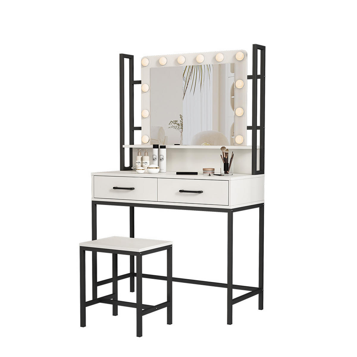 SCHMINKTISCH Luvia Weiß 90 cm mit LED-Beleuchtung und Hocker - Schwarz/Weiß, Holzwerkstoff (90/146/40cm) - Vicco