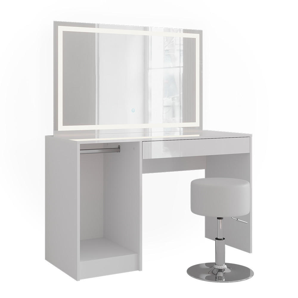 SCHMINKTISCH Sherry Weiß/Weiß Hochglanz 119.8 cm mit LED-Beleuchtung und Hocker - Weiß Hochglanz, Holzwerkstoff (119.8/76/50.1cm) - Vicco