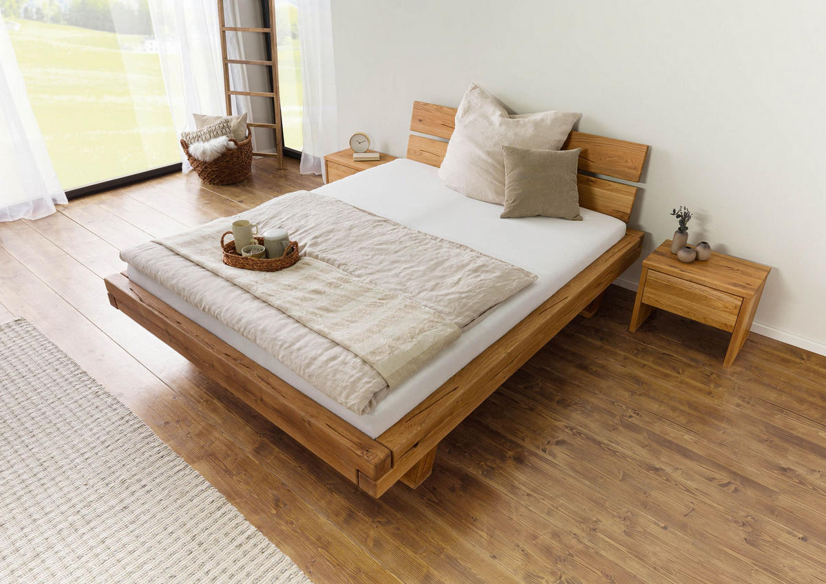 HOLZBETT mit Schublade Eiche 160x200x87 natur geölt BREGENZ #106 - Braun, Holz (160/200cm) - Massivmoebel24