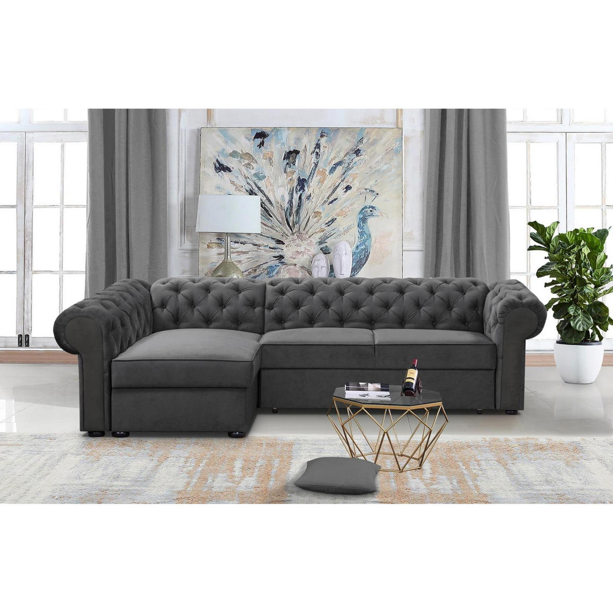 ECKSCHLAFSOFA Chester im Chesterfield-Stil, Grau, links - Schwarz/Grau, Textil (278/173cm) - Beautysofa