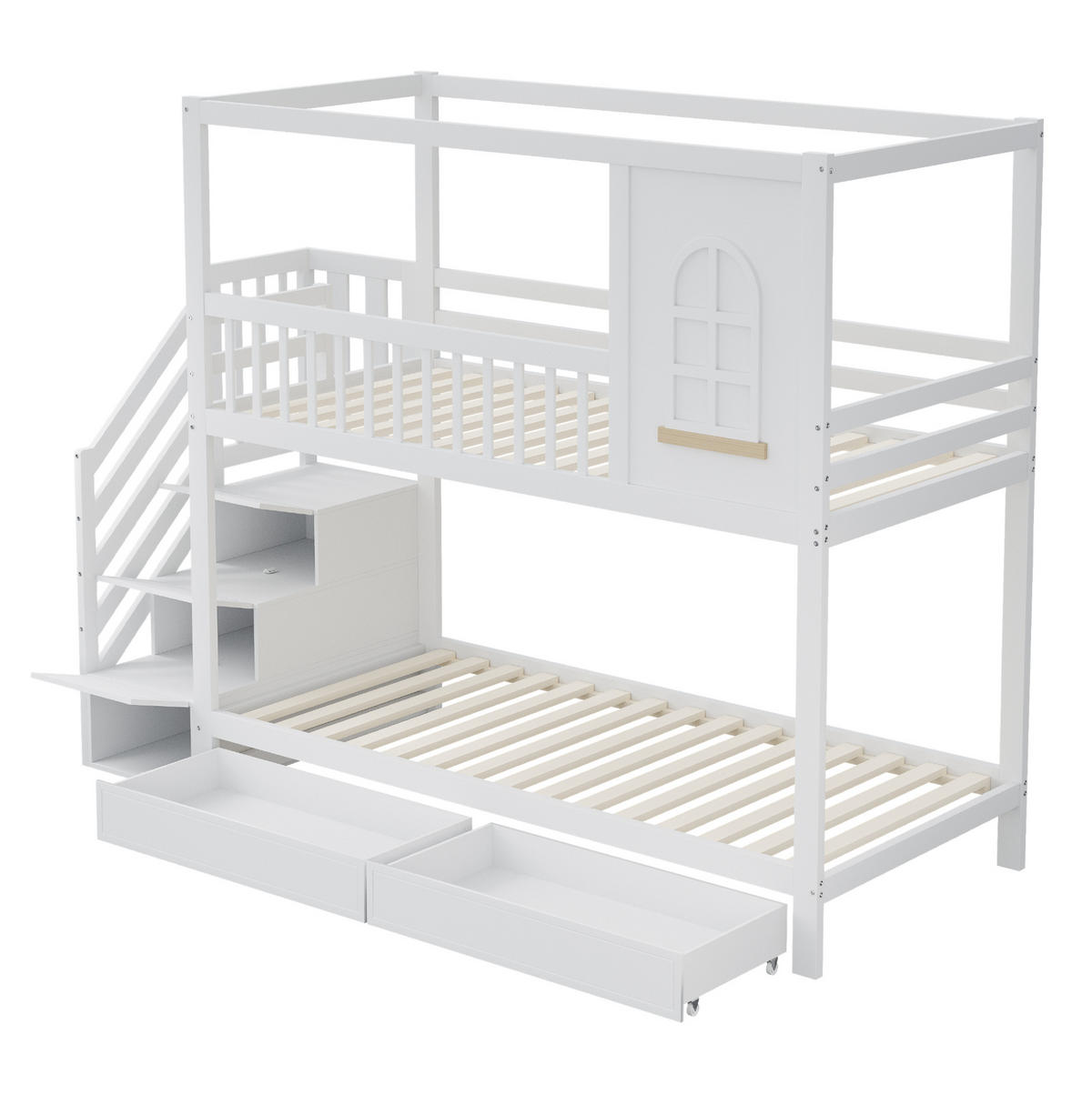 ETAGENBETT 90/200 cm Weiß aus Massivholz mit Stauraum und Haus-Design - Weiß, Holz (90/200cm) - Flora Grace