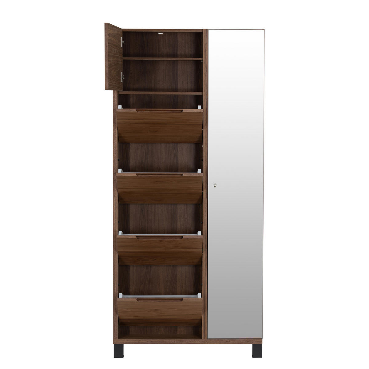FURNIERTER SCHUHSCHRANK mit Spiegeltür - Walnussfarben, Holzwerkstoff/Metall (84/185/17cm) - home24