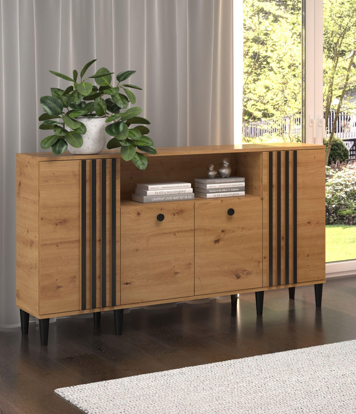 KOMMODE Livia Eiche Artisan / schwarz 160 / 40 / 92,5cm - Eichefarben/Multicolor, Holz/Holzwerkstoff (160/93/40cm) - Feldmann-Wohnen