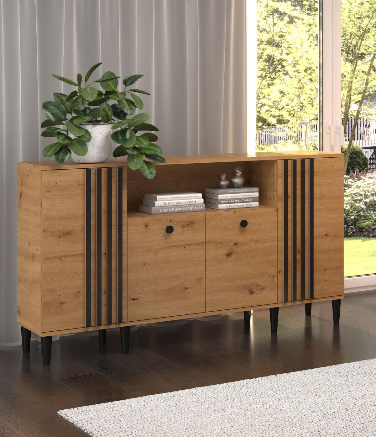 KOMMODE Livia Eiche Artisan / schwarz 160 / 40 / 92,5cm - Eichefarben/Multicolor, Holz/Holzwerkstoff (160/93/40cm) - Feldmann-Wohnen