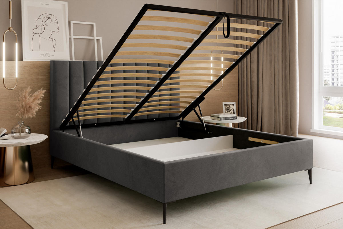 POLSTERBETT Mona SLIM III Polsterbett für Ihr Schlafzimmer in VELUTTO Stoff 200x200 cm Dunkelgrau - Dunkelgrau/Schwarz, Holz/Holzwerkstoff (200/200cm) - DomoHome