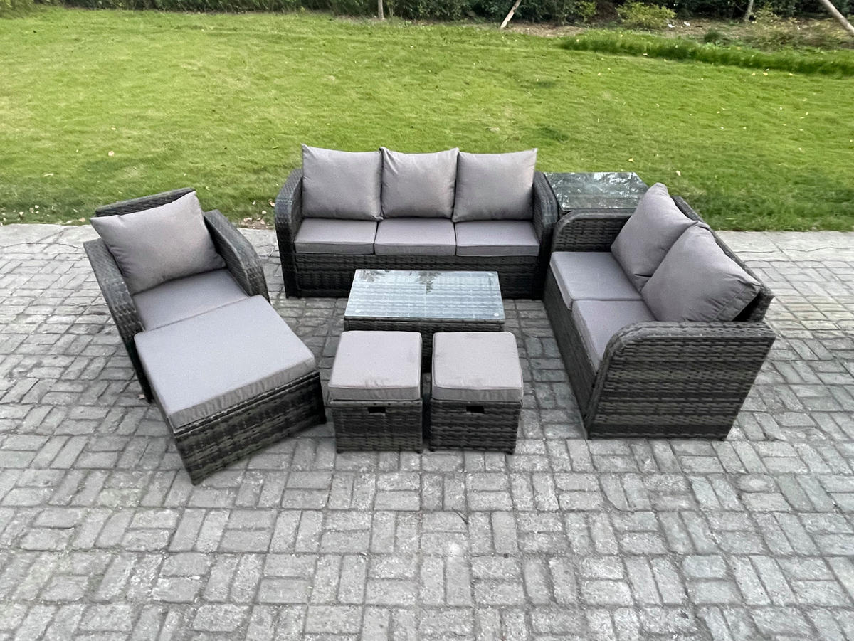 GARTENSET Polyrattan Dunkelgrau 6-Sitzer - Dunkelgrau/Grau, Glas/Kunststoff - Fimous