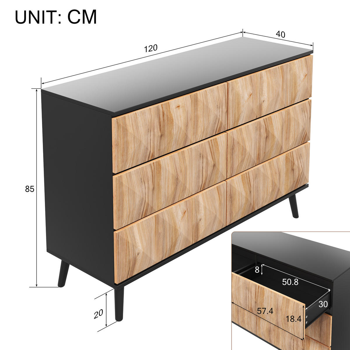 SIDEBOARD Schwarz Holzoptik erhabene Türen modern - Multicolor, Holzwerkstoff (40/85/120cm) - FLIEKS
