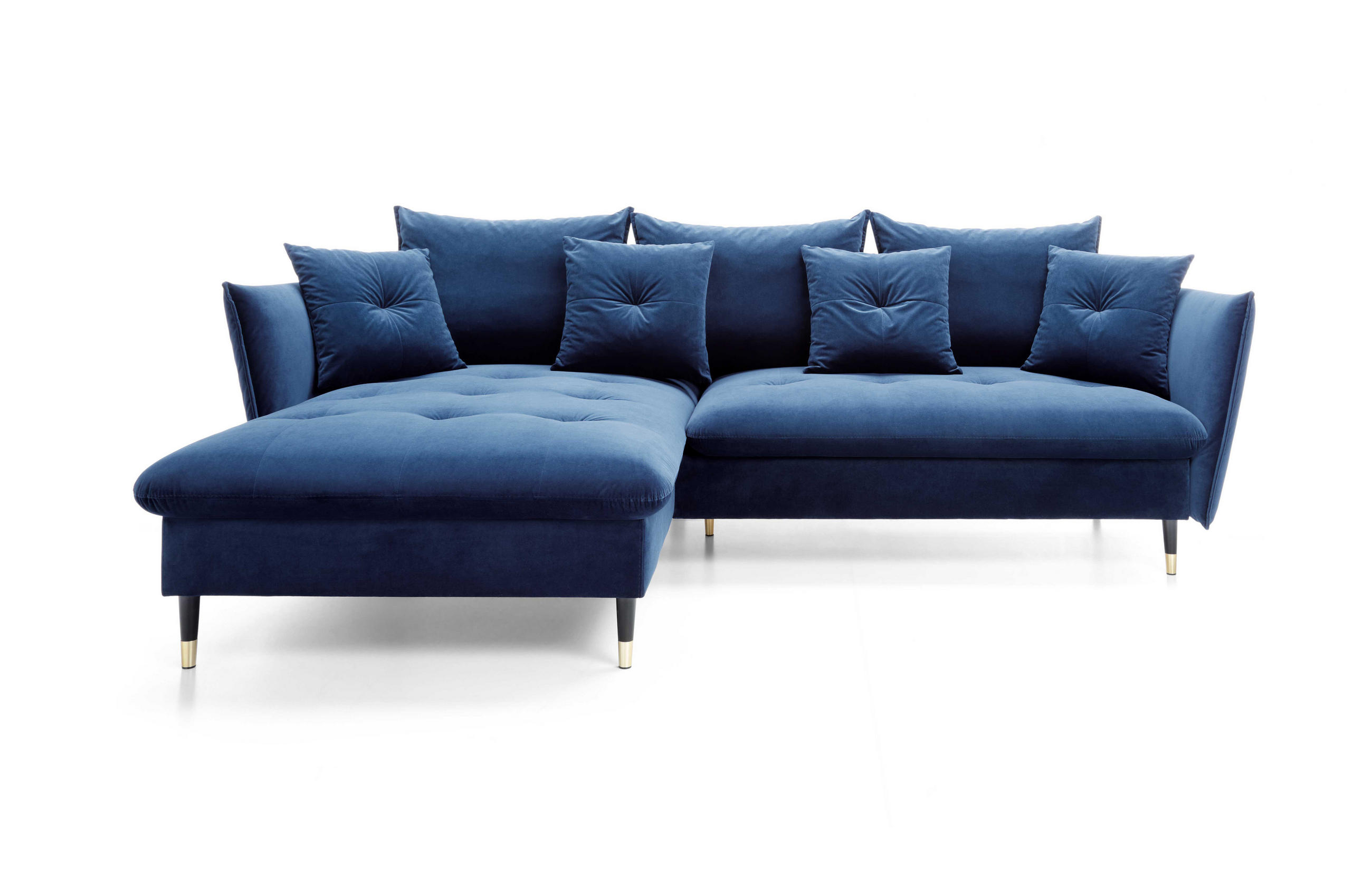 ECKSOFA GLAM mit Schlaffunktion, Ottomane & goldenen Füßen – Samtsofa im Glamour-Stil mit Zierkissen, 258x167x91cm, Linke, BLAU - Blau, Holz/Textil (167/258cm) - DomoHome