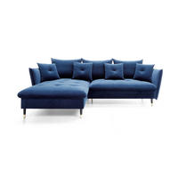 ECKSOFA GLAM mit Schlaffunktion, Ottomane & goldenen Füßen – Samtsofa im Glamour-Stil mit Zierkissen, 258x167x91cm, Linke, BLAU - Blau, Holz/Textil (167/258cm) - DomoHome