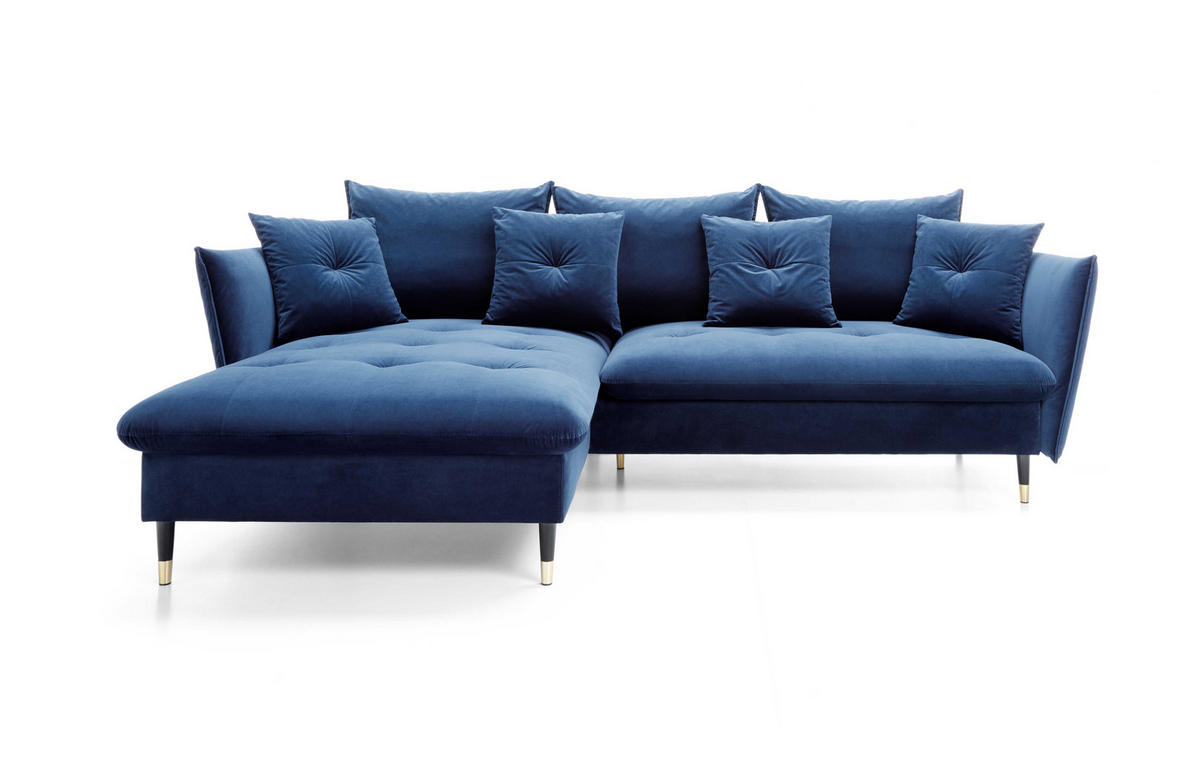 ECKSOFA GLAM mit Schlaffunktion, Ottomane & goldenen Füßen – Samtsofa im Glamour-Stil mit Zierkissen, 258x167x91cm, Linke, BLAU - Blau, Holz/Textil (167/258cm) - DomoHome