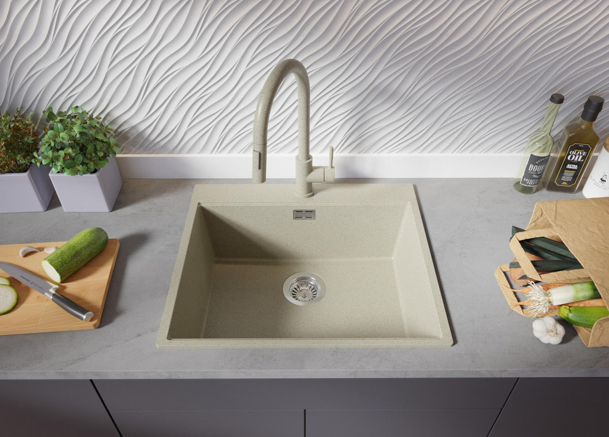 GRANITSPÜLE Oslo, 2-er set Beige 58/50 cm 1 Becken + Küchenarmatur 40/20 cm + Ablauf-Set + Schneidebrett ab 60er Unterschrank - Chromfarben/Beige, Kunststoff (58/20/50cm) - Primagran