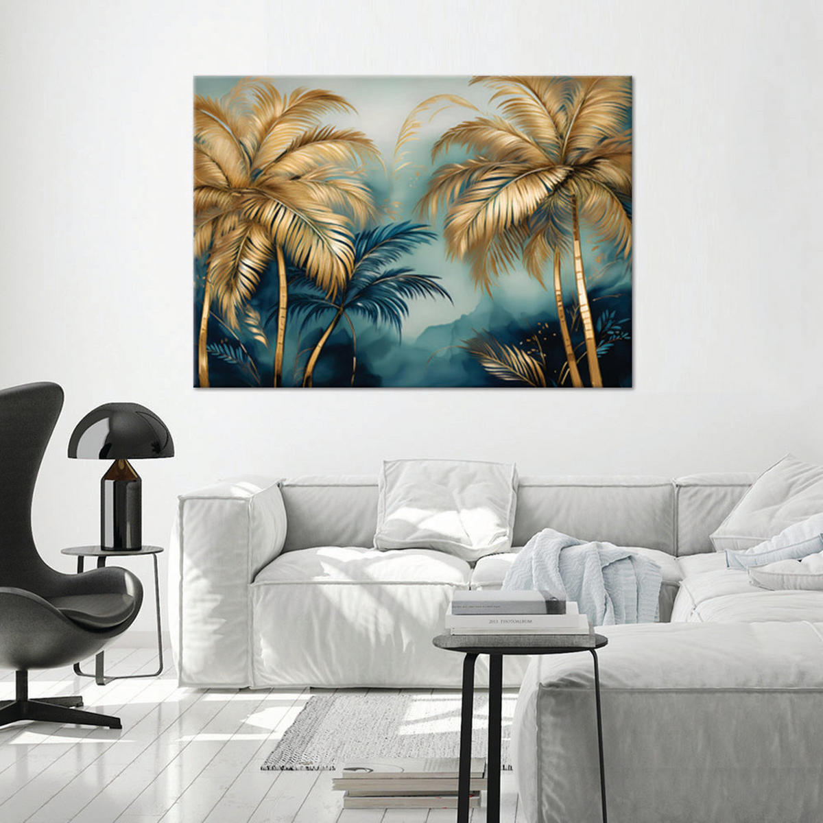 WANDBILD blaue und goldene palmen auf grauem hintergrund - Goldfarben, Textil (60/40cm) - Feeby