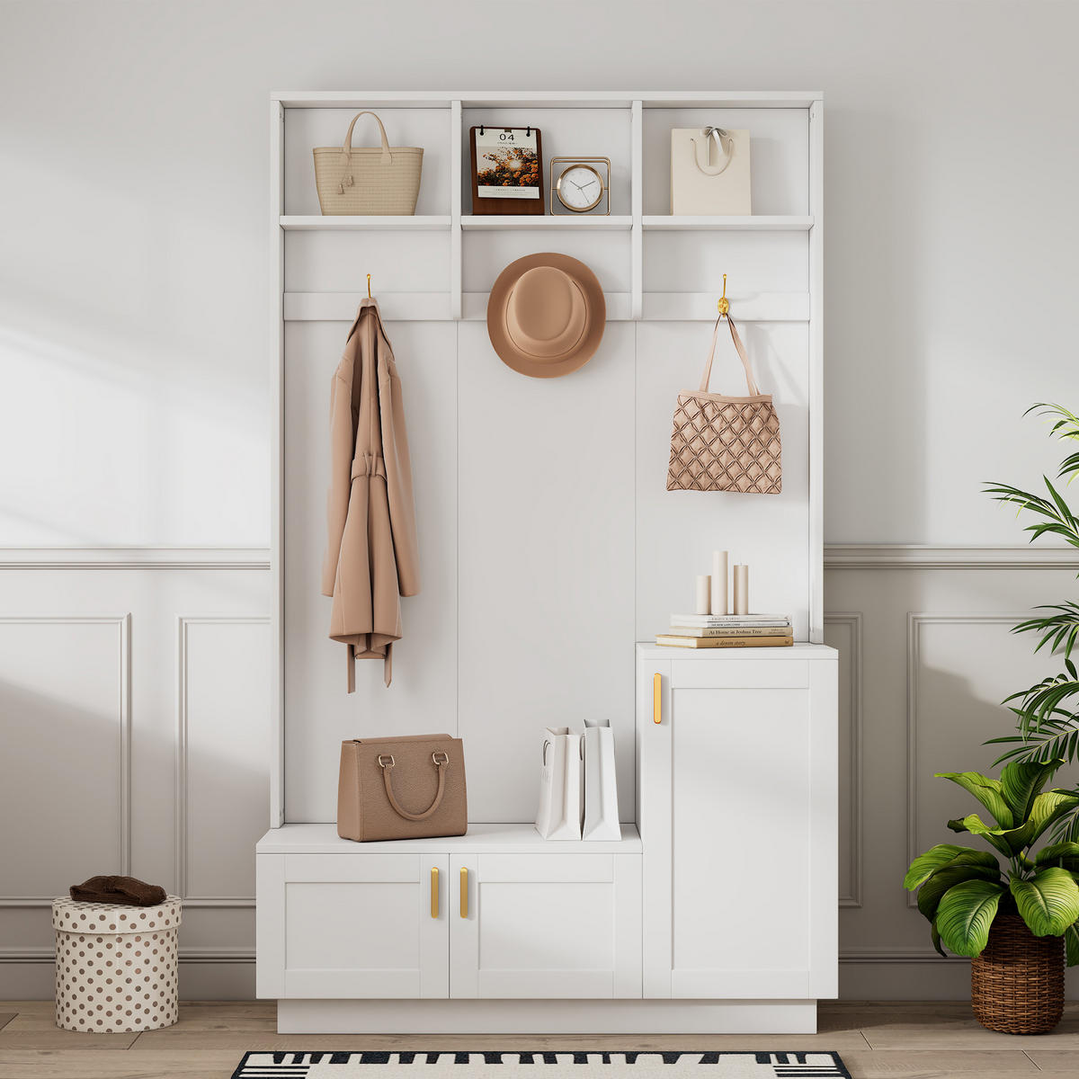 GARDEROBENSET mit Bank Schuhablage Weiß 120x40x200cm - Weiß, Holzwerkstoff (40/200/120cm) - FLIEKS