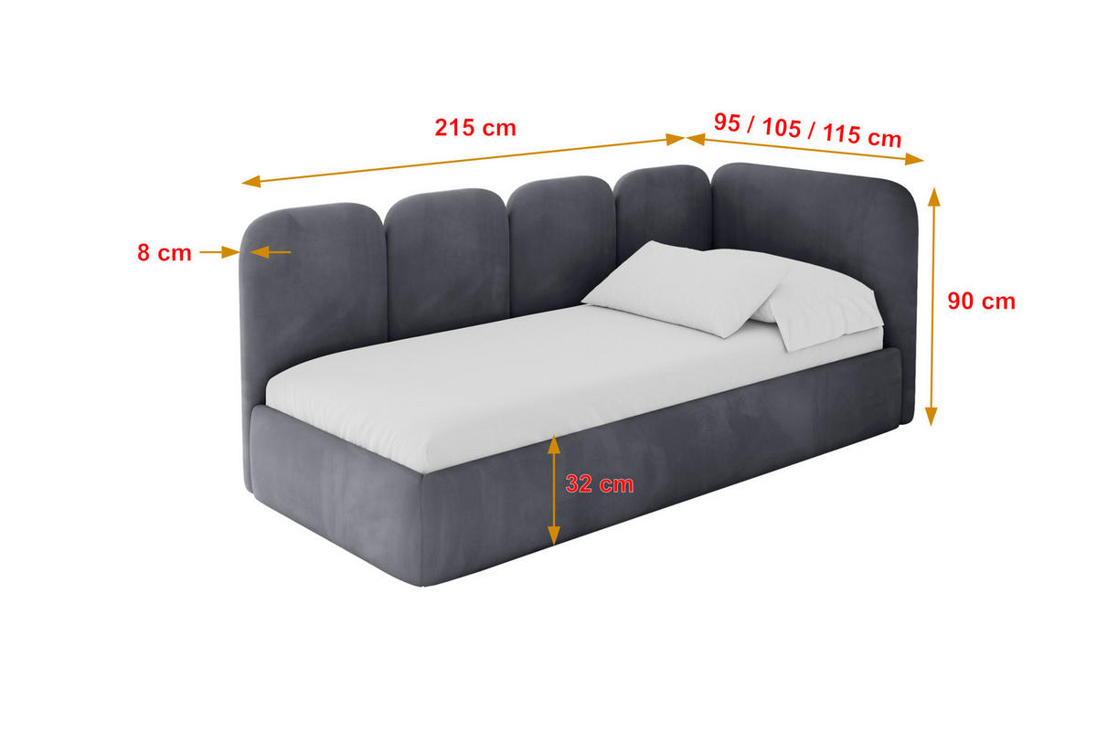 EINZELLBETT Jugendbett mit Bettkasten, Links - VELY 90x200 Dunkelgrau - Dunkelgrau, Holzwerkstoff/Textil (90/200cm) - ALTDECOR