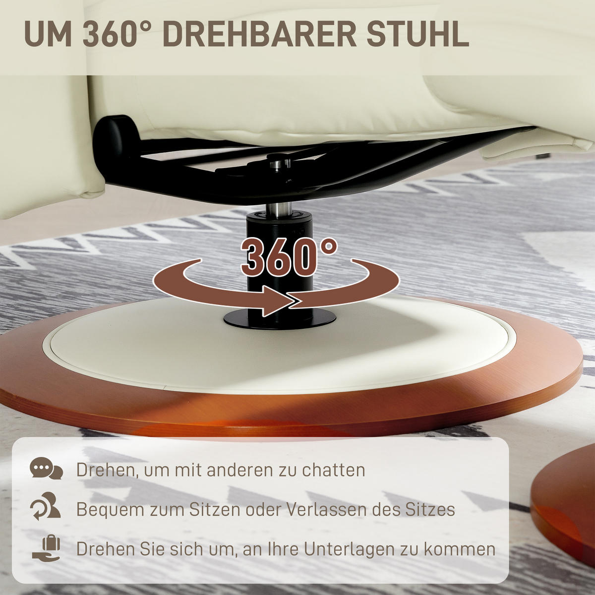 RELAXSESSEL mit Hocker, Liegesessel bis 150 kg, Cremeweiß - Beige, Leder (98/104/94cm) - HOMCOM