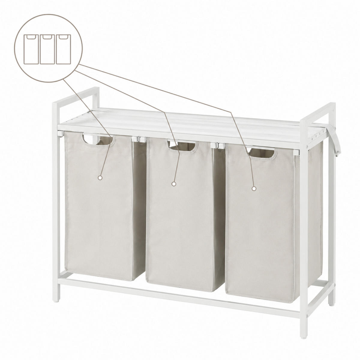 WÄSCHEKORB Metall Stoff MDF Weiß Beige 3 Wäschesäcke 114l 92,5x33x71 cm - Beige/Weiß, Metall (92.5/71/33cm) - Begryf