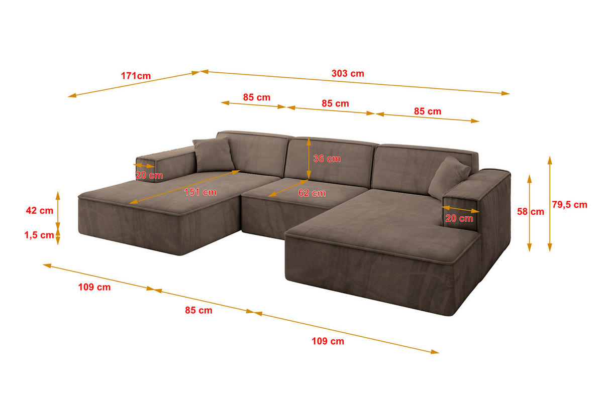 WOHNLANDSCHAFT IREA-U1-v4 - 303x171x79 cm Braun - Braun, Holzwerkstoff/Textil (303/79/171cm) - ALTDECOR