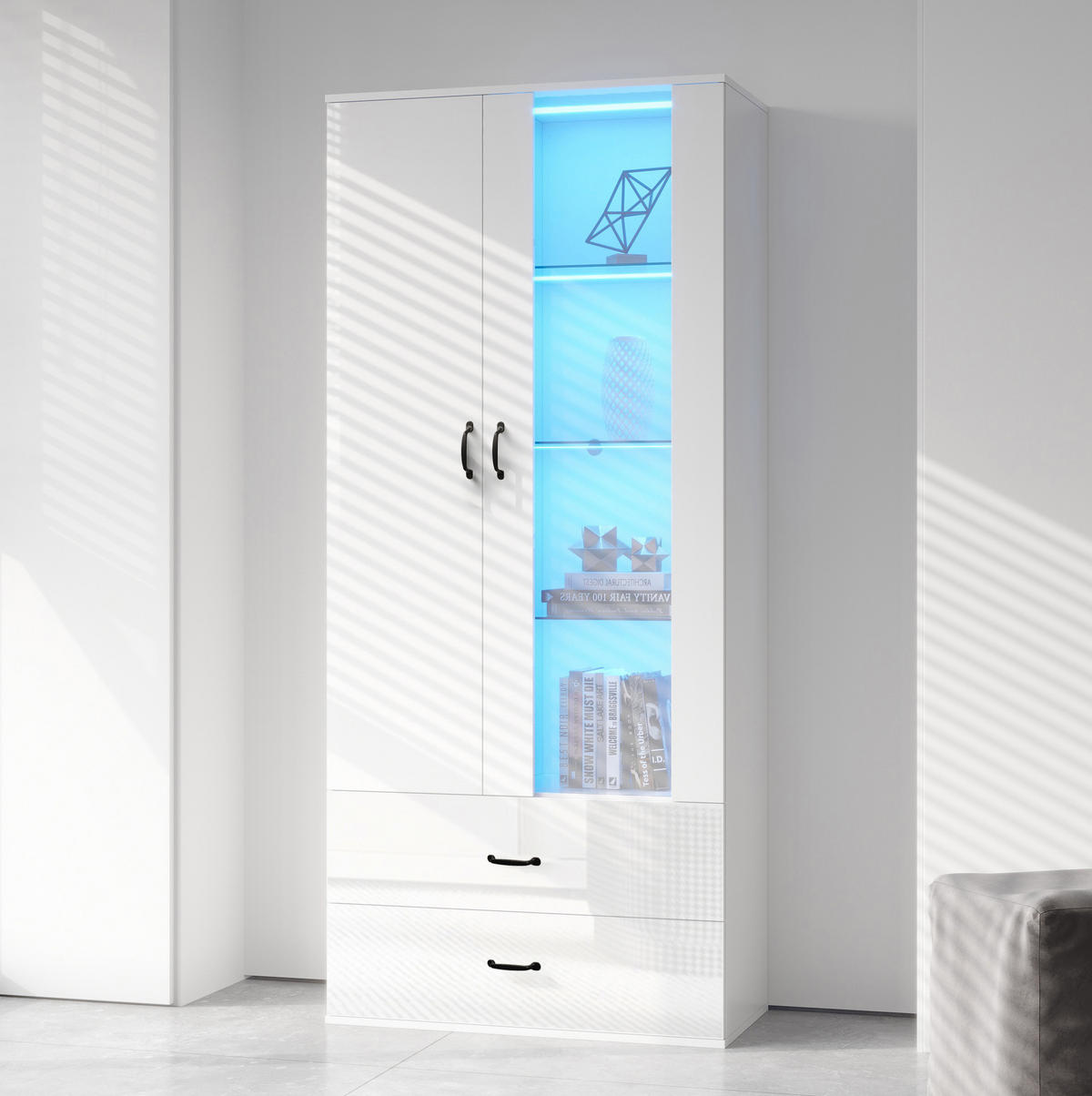 HIGHBOARD 59,5/35/182 cm in Weiß mit LED-Beleuchtung und Stauraum - Weiß, Holzwerkstoff (59.5/182/35cm) - Flora Grace