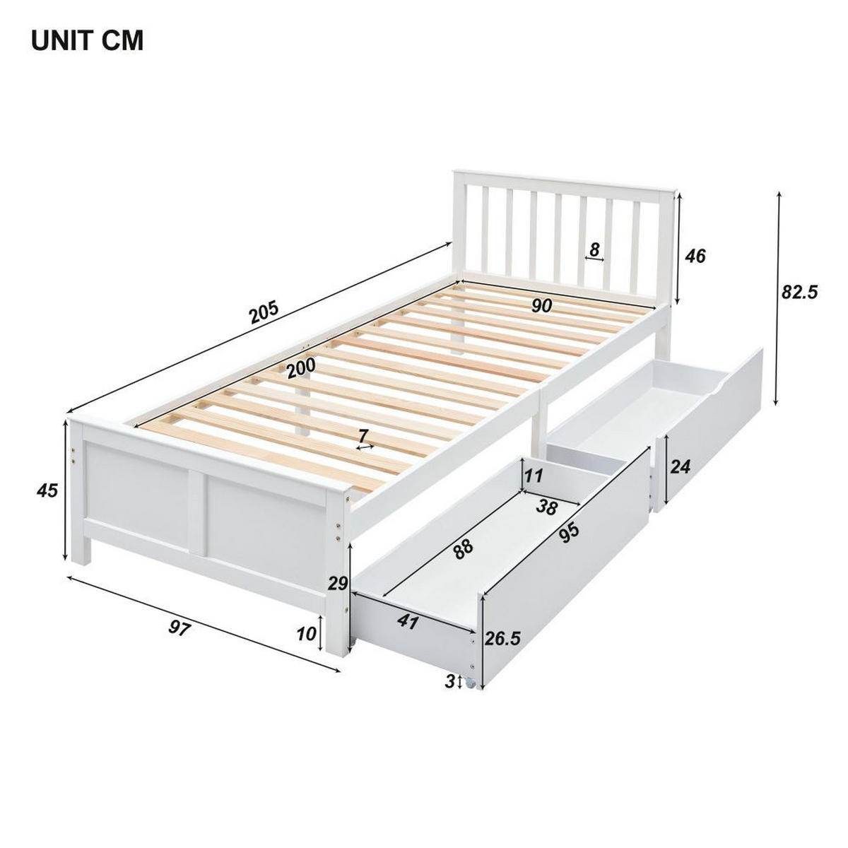 JUGENDBETT 90/200 cm in Weiß mit Zwei Schubladen - Weiß, Holz (90/200cm) - KOMHTOM