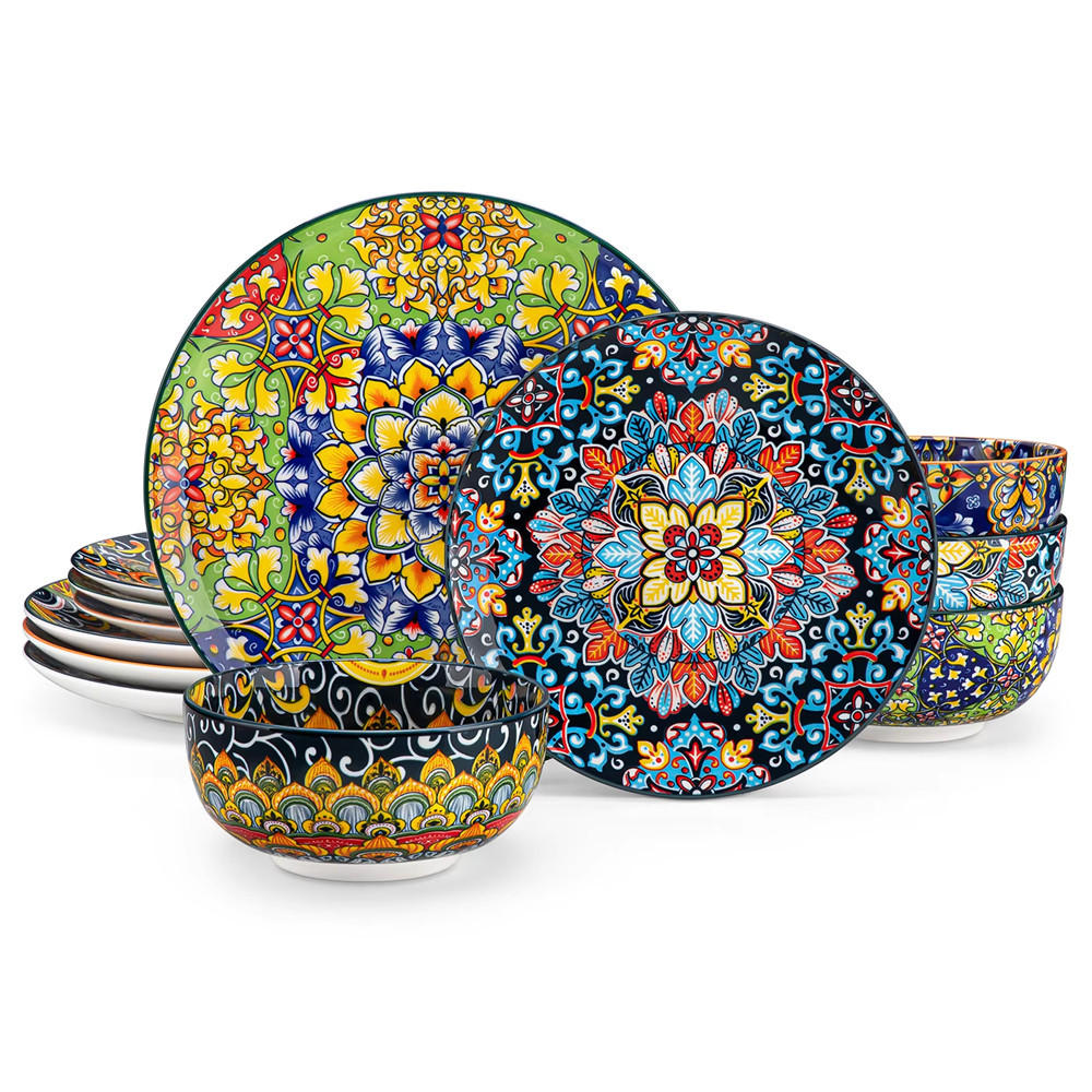 KOMBISERVICE 12-teilig Steinzeug Geschirrset Böhmischer Stil - Multicolor, Keramik (27.2/2.3/27.2cm) - Kaket