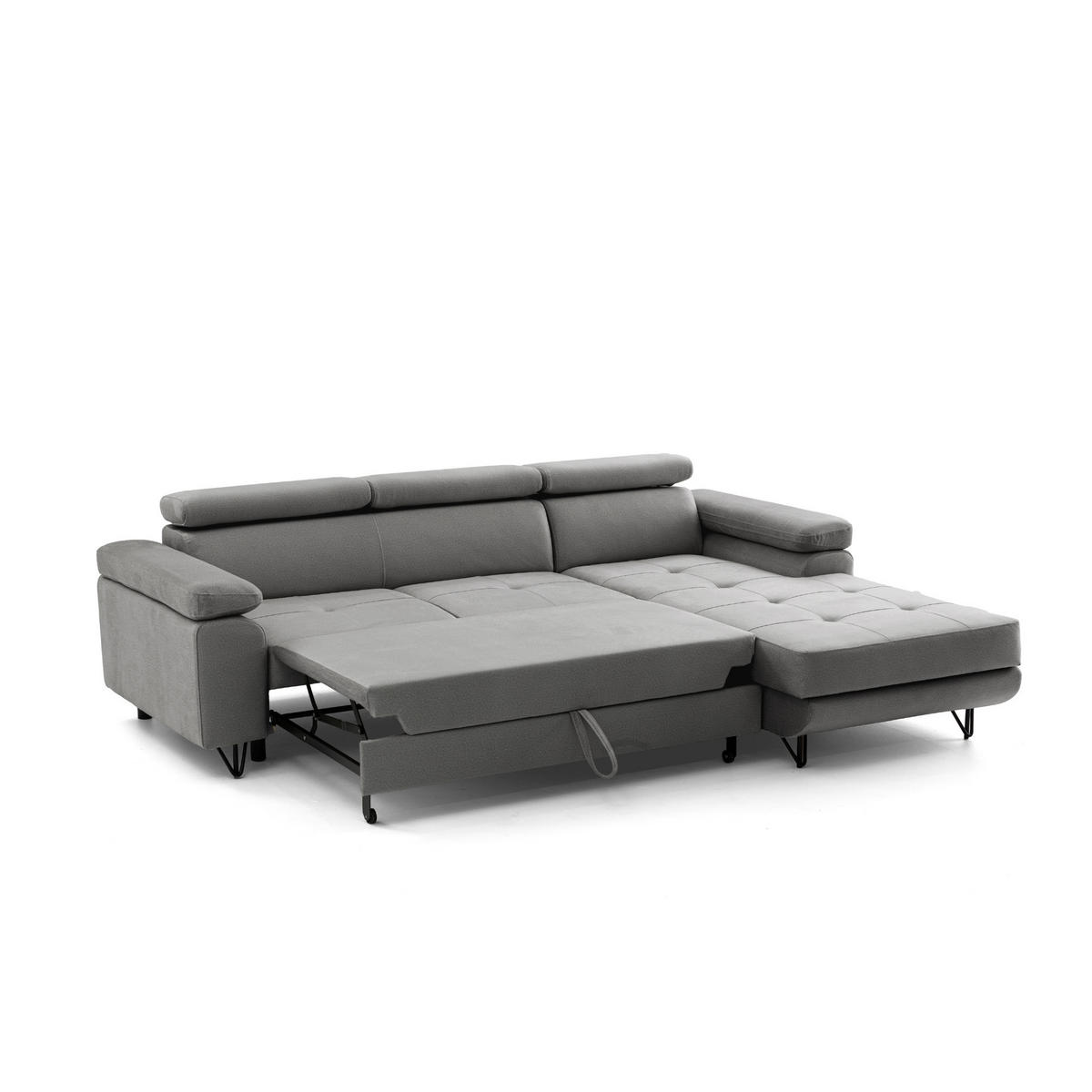 ECKSOFA NORIS L Rechts mit Schlaffunktion 128x203 Velours Grau - Schwarz/Grau, Holz/Textil (183/250cm) - Muffo