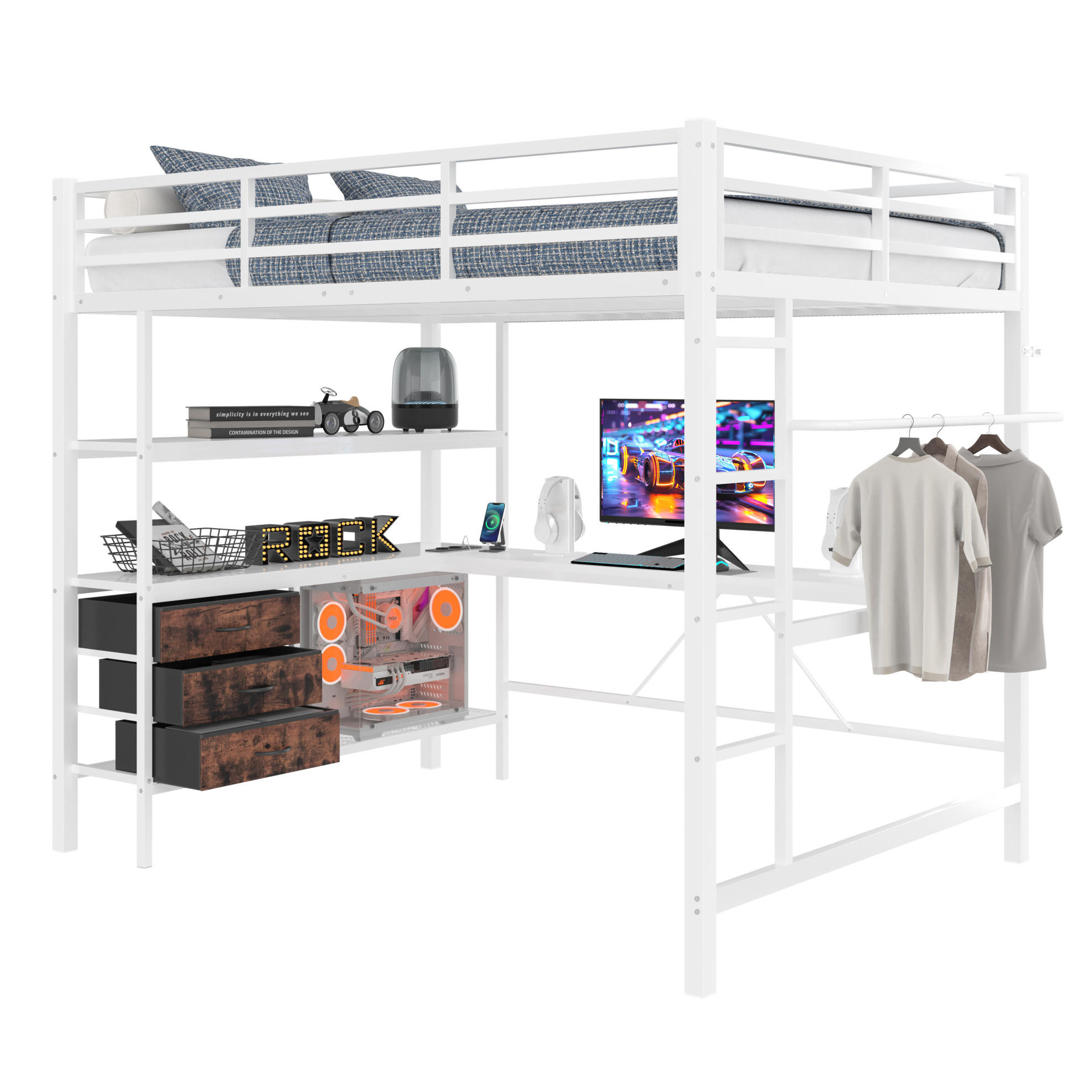 Modfu PATROVÁ postel z kovu a MDF 140x200 cm bílá s LED osvětlením, psacím stolem, USB, zásuvkou, 3 zásuvkami a policemi