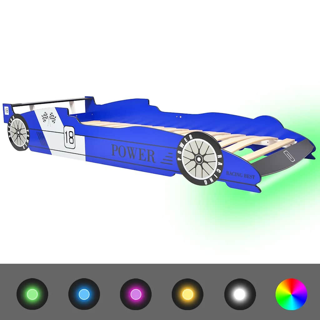 KINDERBETT MIT LED IM RENNWAGEN-DESIGN 90 X 200 CM BLAU - Blau, Holzwerkstoff (94/38/225cm) - vidaXL