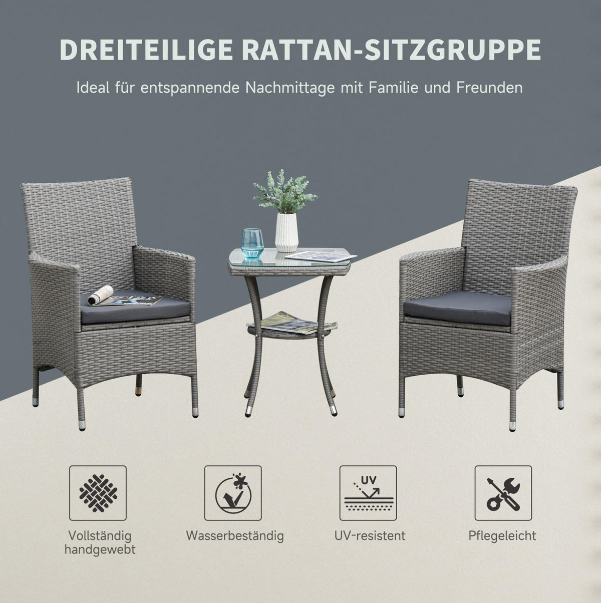 BISTRO set z ratanu 60x58,5x89,5 cm šedé s odkládacím stolkem, polstry - šedá, přírodní materiály - Modfu