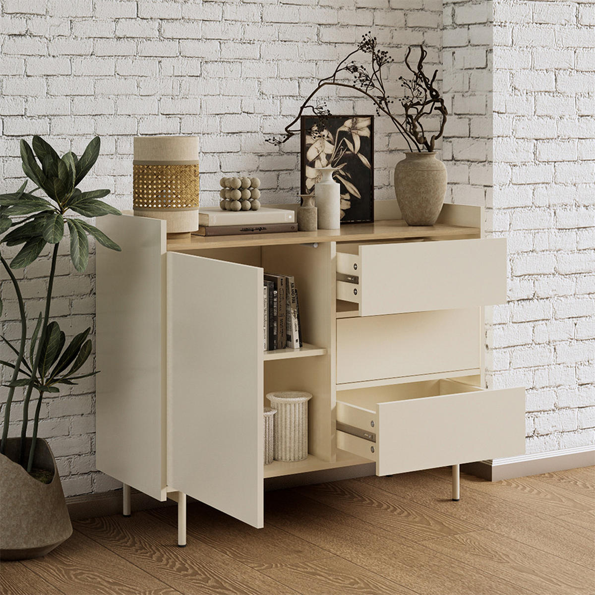 KOMMODE Velina Creme 100 x 82 cm mit 3 Schubladen und 1 Tür - Eichefarben/Creme, Holzwerkstoff (100/82/40cm) - Vicco