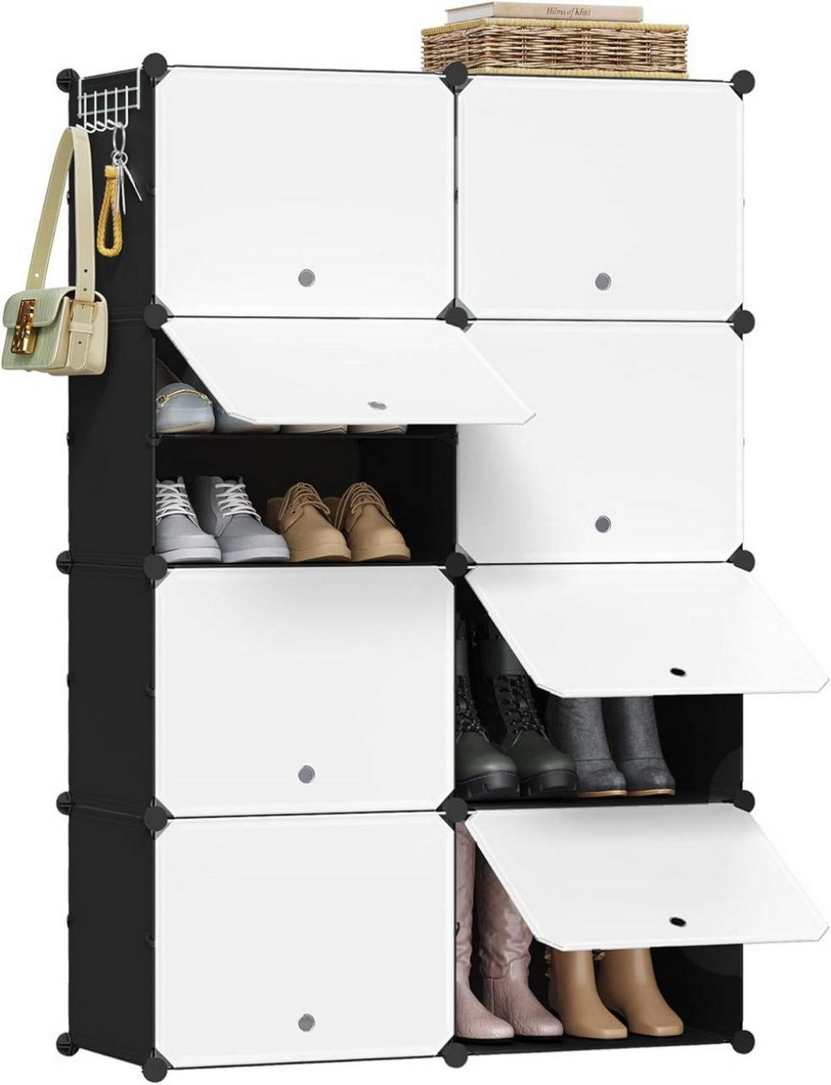 SCHUHREGAL mit 8 Fächern, Schwarz+Weiß - Schwarz/Weiß, Kunststoff/Metall (94/144/36.5cm) - Woltu