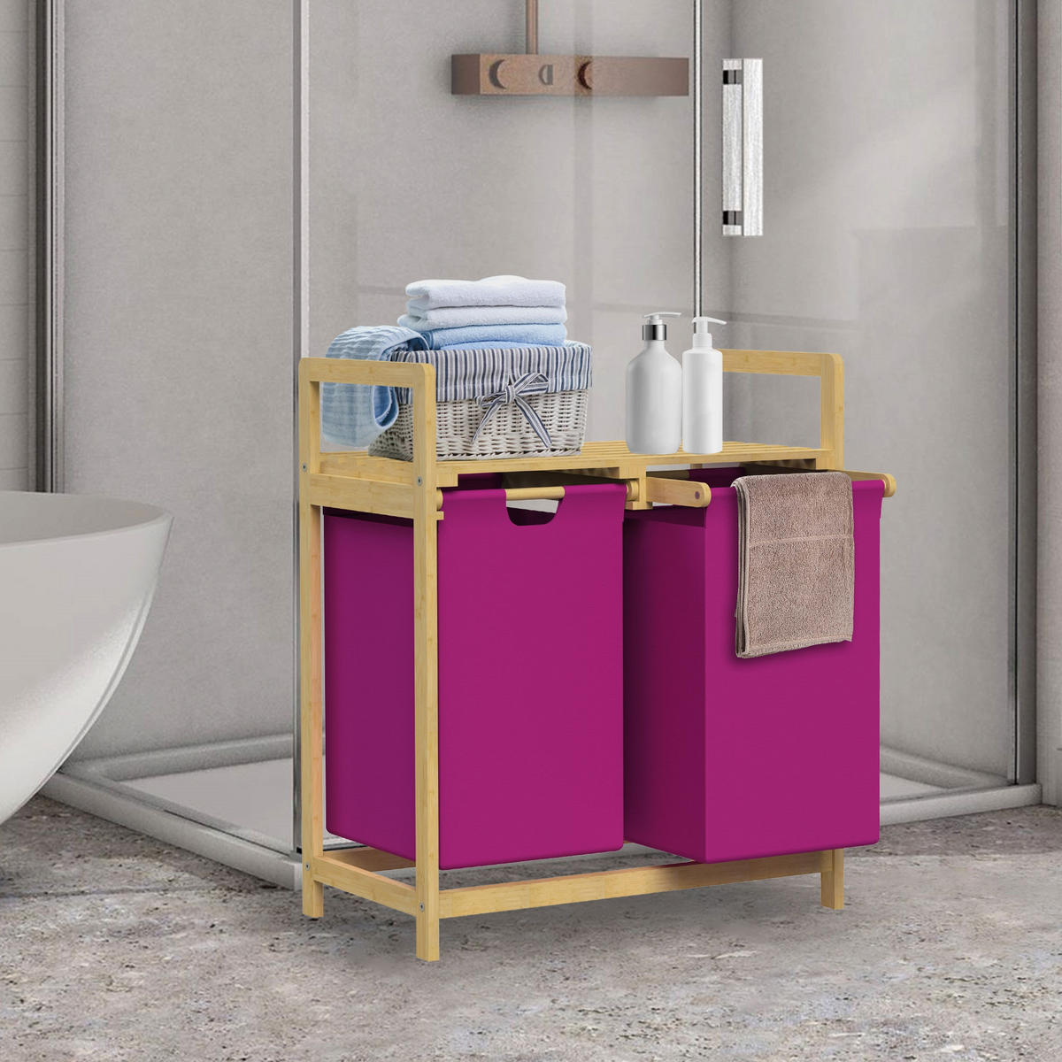 WÄSCHEKORB Bambus Magenta - Beige, Holz (33/73/63cm)
