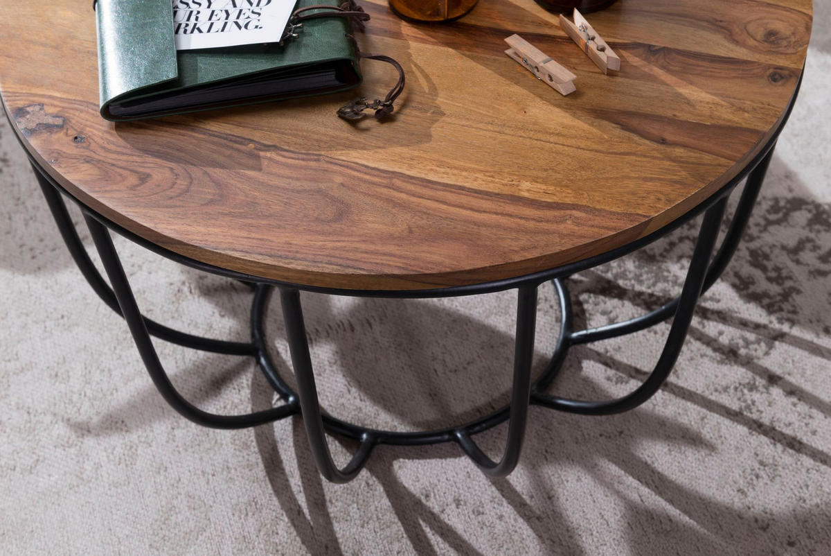COUCHTISCH in Industrial-Stil, Sheesham Massivholz, Metallgestell, Korbdesign, Rustikal - Schwarz/Braun, Holz/Metall (60/60/39cm) - KADIMA DESIGN