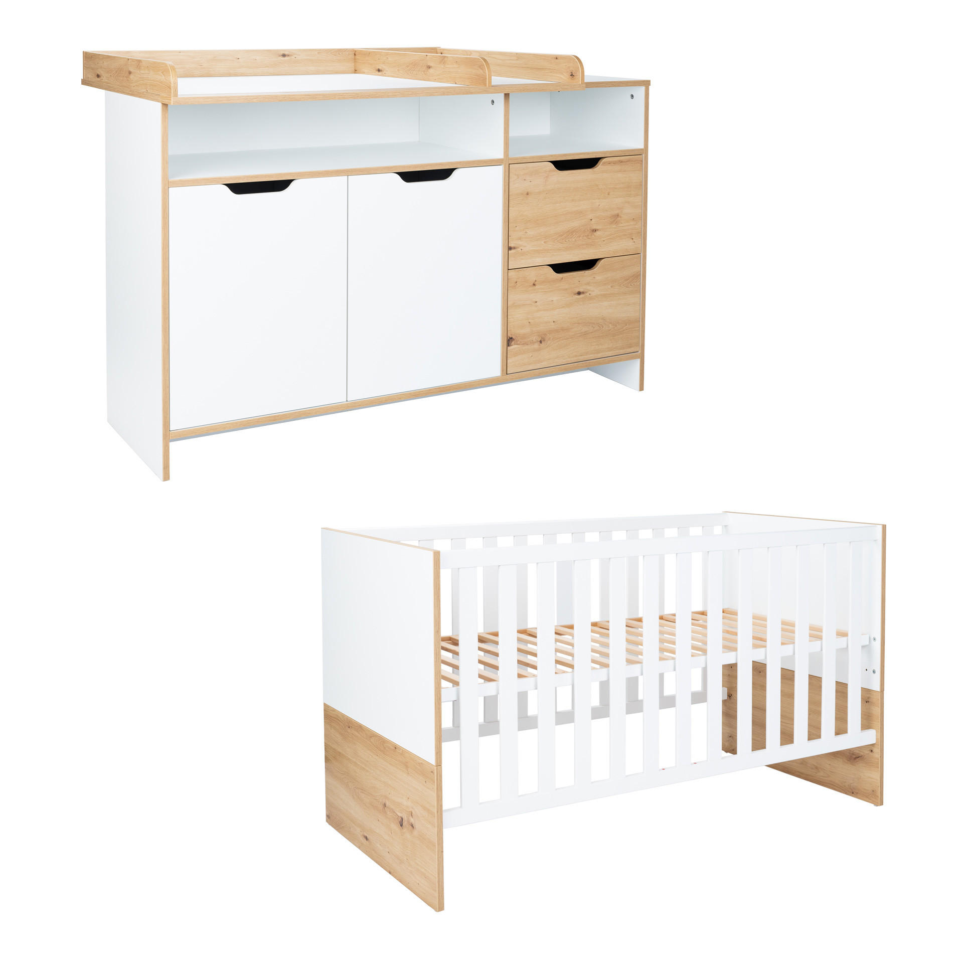 BABYZIMMER SET Maxim 2-tlg. Wickelkommode Babybett - Weiß/Eiche Artisan, Holzwerkstoff (1/1/1cm) - arthur berndt