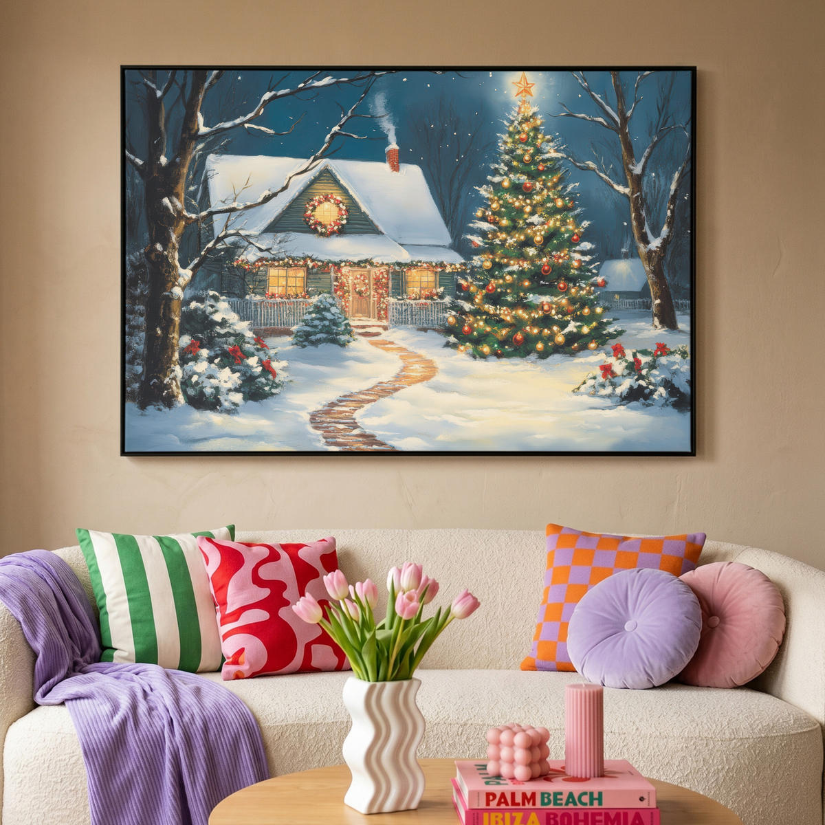 LEINWAND Bilder mit Rahmen - Weihnachten - Weihnachtsbaum - Winter - Zuhause - Schnee - 120x80 - Smaragdgrün, Textil (120/80cm) - MuchoWow